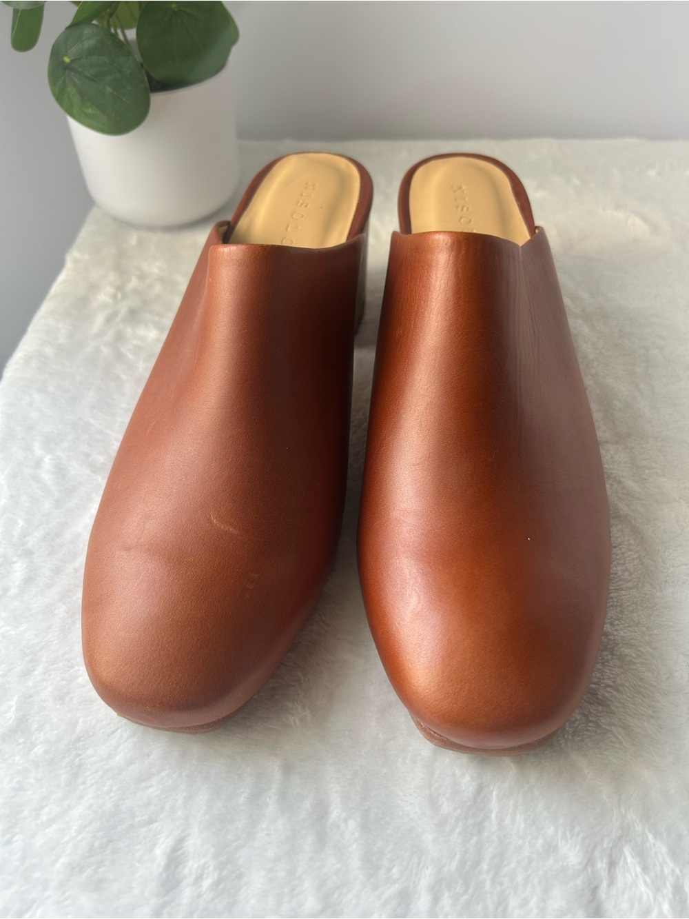 Nisolo All-Day Heeled Mules in the color "Brandy